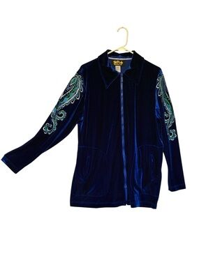 Bob Mackie Wearable Art blue velour full-zip jacket  paisley embroidery. Size L